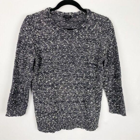 Ann Taylor Black White Boucle Knit 3/4 Sleeve Crewneck Pullover Sweater Women M - Picture 1 of 4